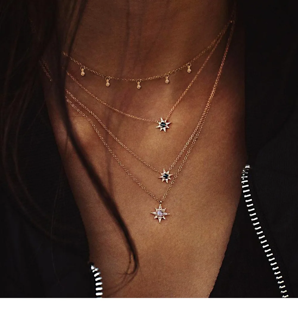 Bohemian Gold Plated Fahion Jewelry Necklace  Multi-layer Chain Personalized  Moon  Pendent Stainless Steel Necklace For Women