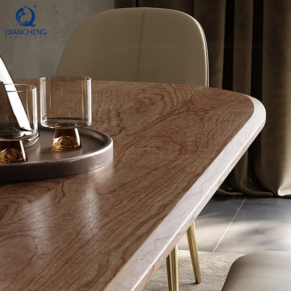 QIANCHENG brand design dinning room furniture set walnut color stainless steel wooden sticker 6 seater dining table