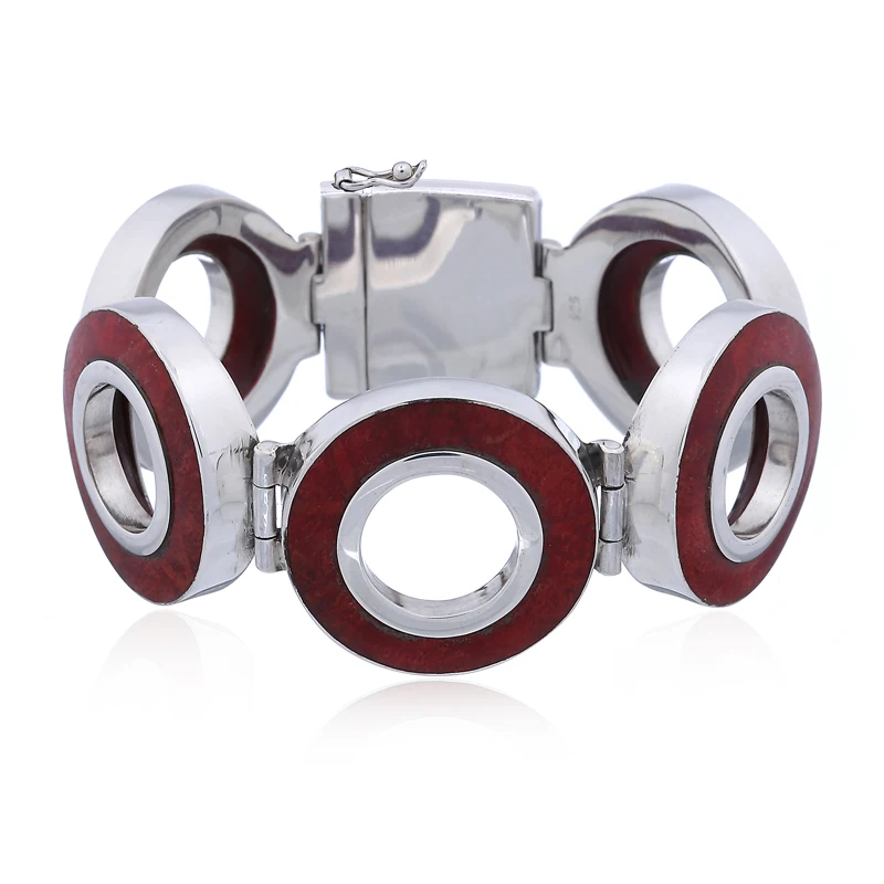 Sophisticated 925 Silver Bracelet Red Sponge Coral Hoops