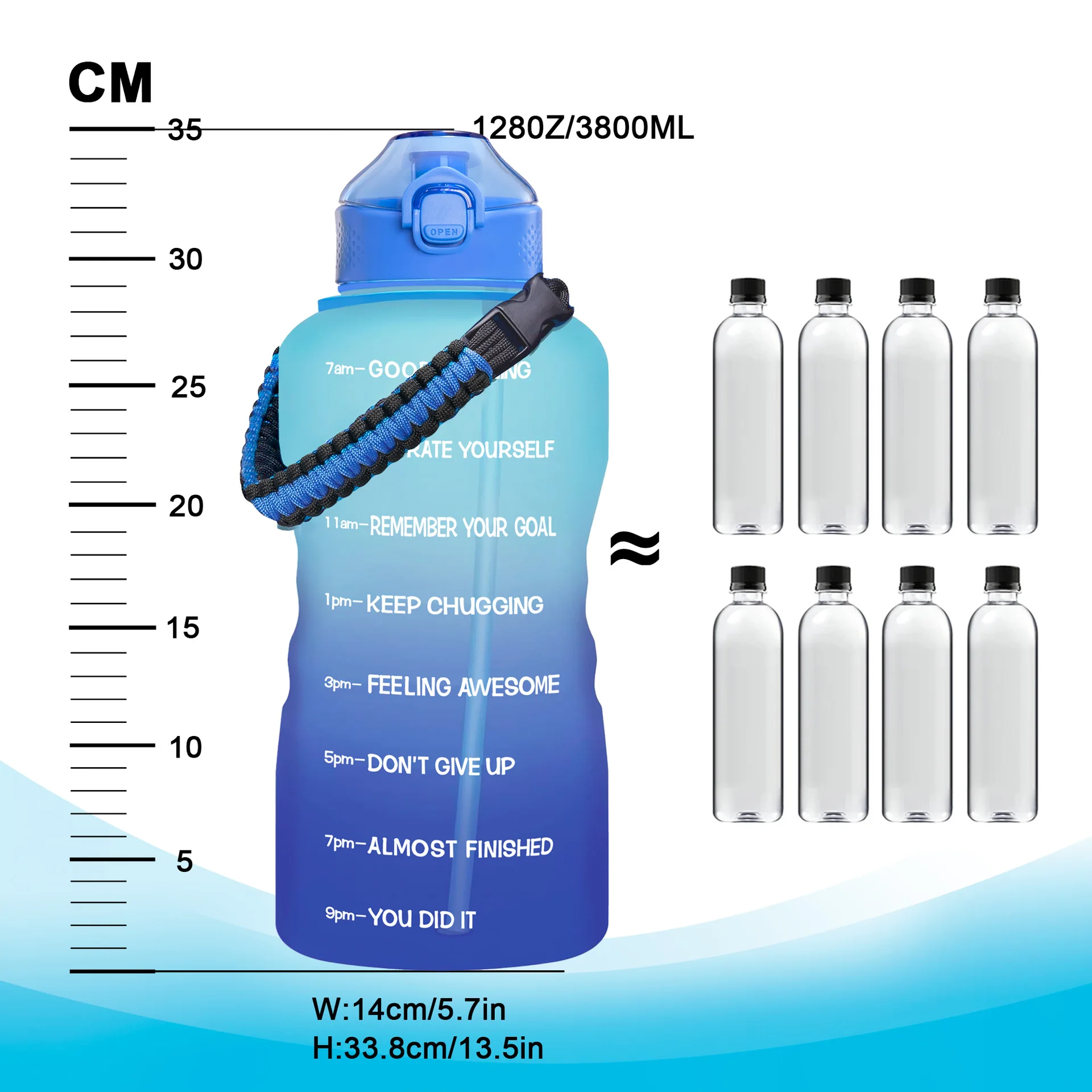 Gym and Outdoor Sports BPA Free Large Reusable Leakproof 3.8L Water Jug Sipper Water Bottle with Time Marker and Straw