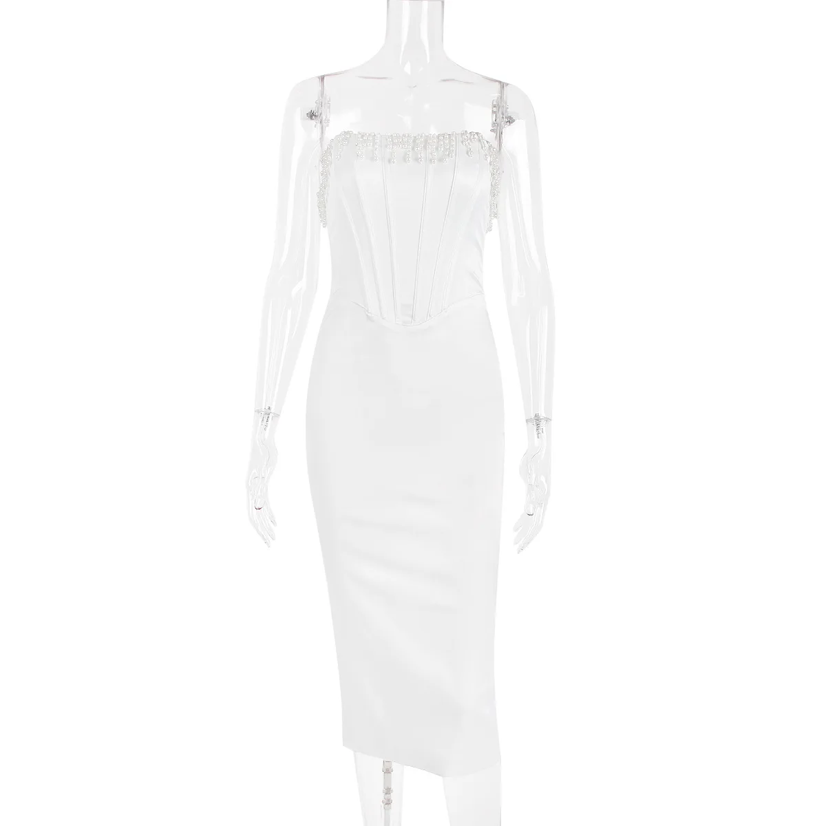 Super Quality Pearl Tassel Sexy Midi Dress Women Fashion Party Outfits Off-shoulder Strapless Backless Bodycon Sexy Dress 2886