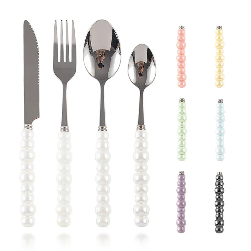 Korean Pearl Luster Stainless Steel Cutlery Forks Set Dinner Spoon Fork with Ceramic Handle
