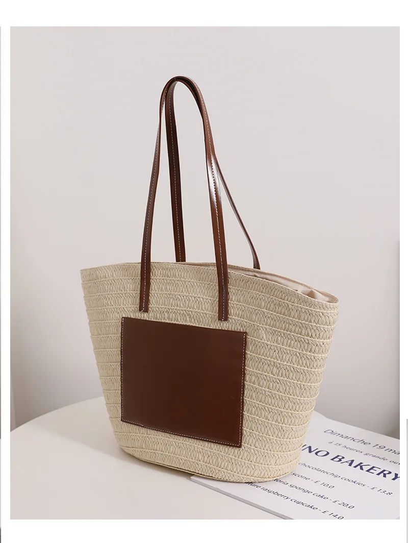 Extra Large Straw Woven Beach Bag Shoulder Bag Boho Straw Handle Tote Retro Paper Straw Bag With Pu Handle