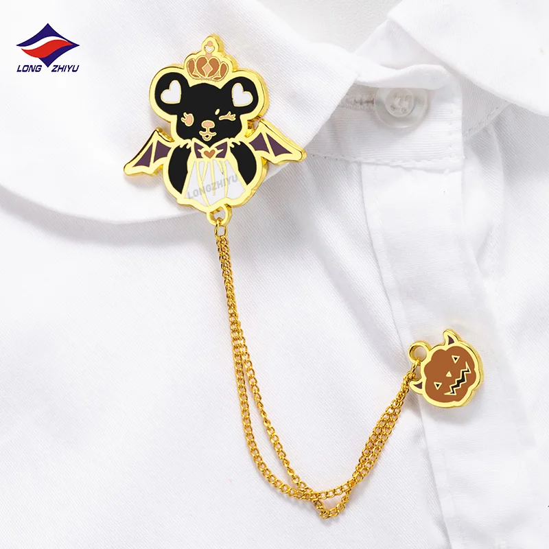 Longzhiyu 15 Years Factory Custom Cartoon Lapel Pins Gold Plating Chain Brooches Metal Shirt Badges Brooch Pins