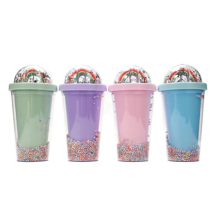 Creative Rainbow Micro Landscape Plastic Water Cup Fashion Women Straw Cup Double Layer Color Bead Cold Drink Cup