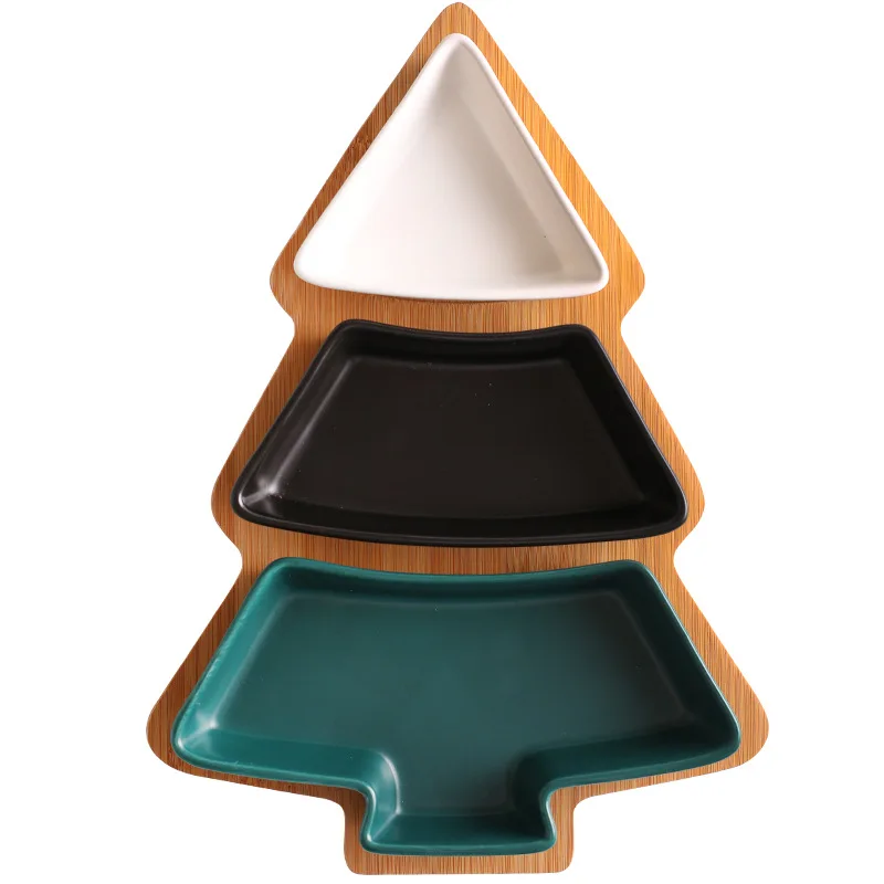 
2020 Christmas Gift Creative Christmas Tree 3 Compartment Dry Fruit Ceramic Tray 