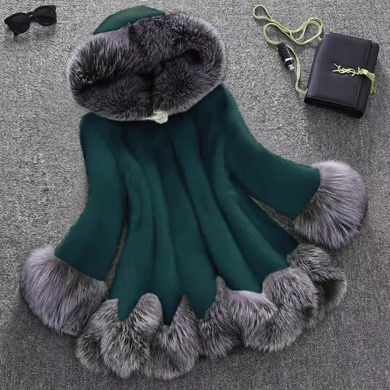 Fashion White Black Faux Mink Fur Coat&Parka Coat Jacket WIth Hood Leopard For Womens