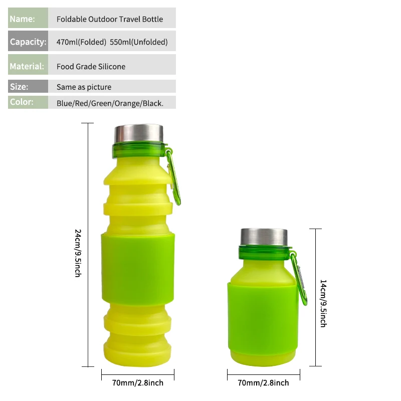 550ml 18oz Silicone Foldable Collapsible Water Bottle FOR Outdoor Travel Sport