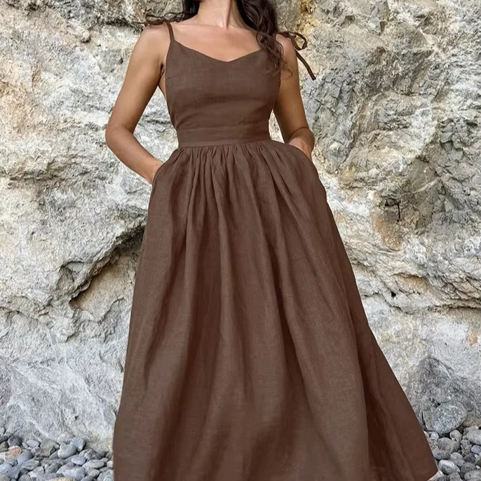 Modest Casual Elegant Solid Cotton Women backless Linen Maxi Dress Girls Ladies v neck Cotton Long Summer Linen Dress for women