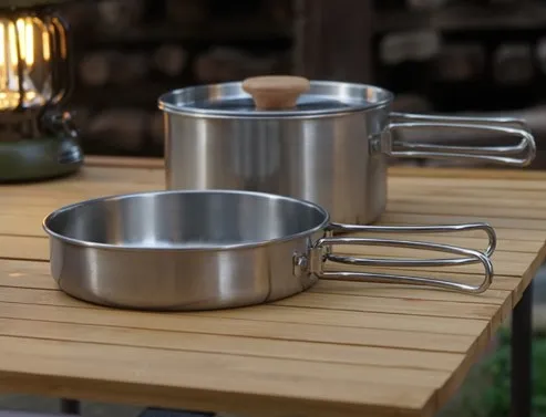 Outdoor mountaineering stainless steel folding handle pot Camping portable frying pan stockpot Household picnic pot set