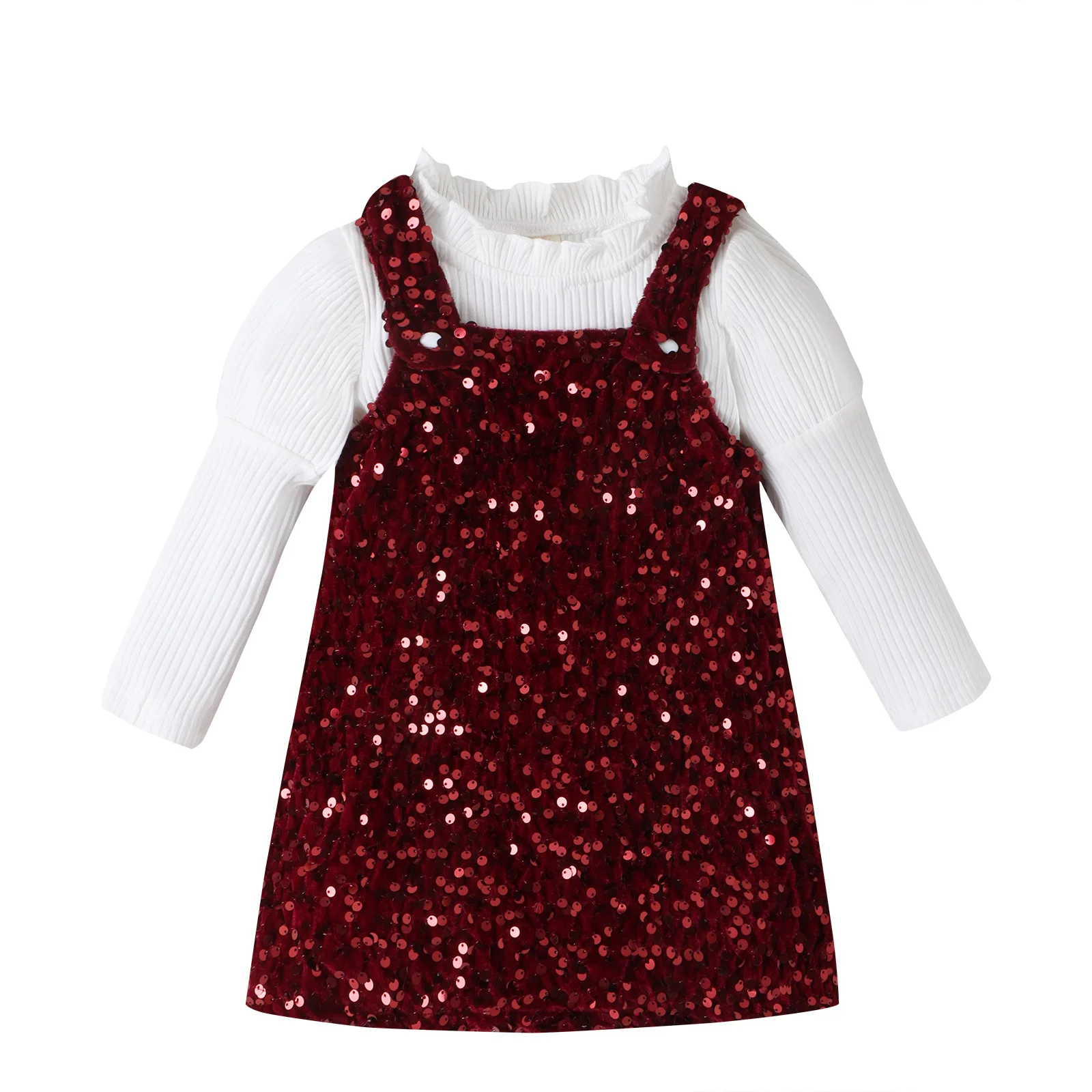 Christmas girls sequin suspenders dress knitted long sleeve tops performance suits girls burgundy clothing set