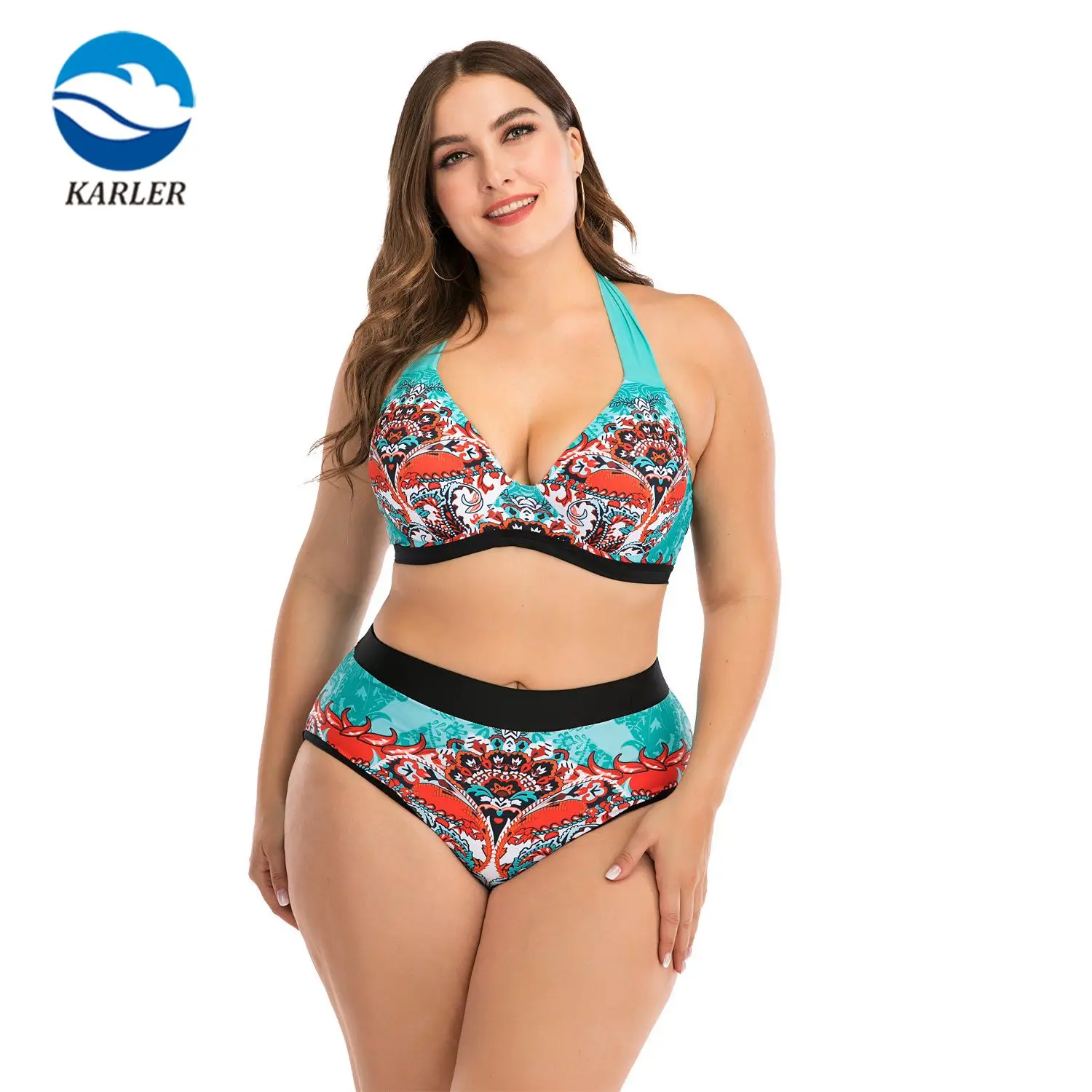 In Stock Women Beach Bikini Push Up Straps V Neck Two Pieces Retro Green Tie Back High Rise Female Plus Size Swimsuit