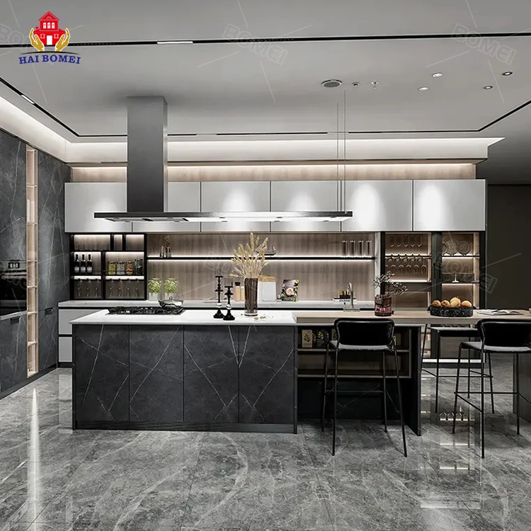 Деревянный маленький готовый для сборки роскошный дизайн мебели полный набор островного современного дизайна глянцевый лак модульный кухонный шкаф