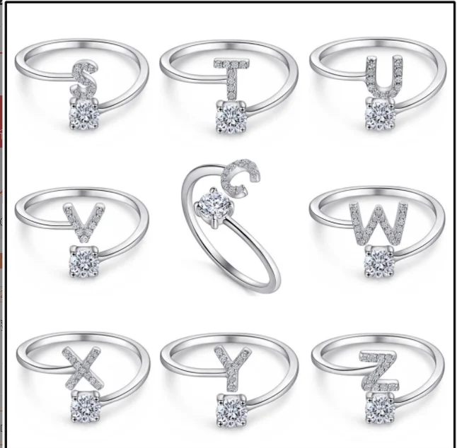 s925 silver 26 letter ring female design sense niche  English letter ring open ring A-Z accessories