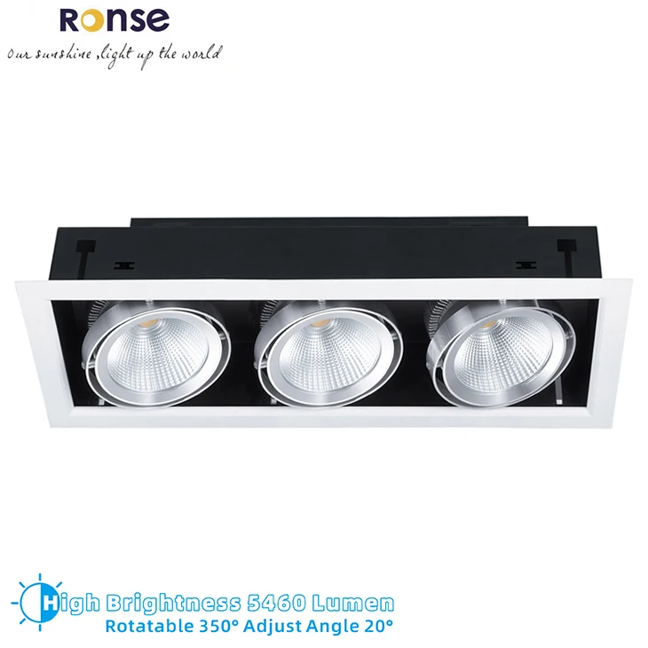 Суперъяркая светодиодная решетка RONSE для магазина одежды в торговых центрах, 3 головки, встроенная решетка 60 Вт, 5460 люмен, светодиодное освещение