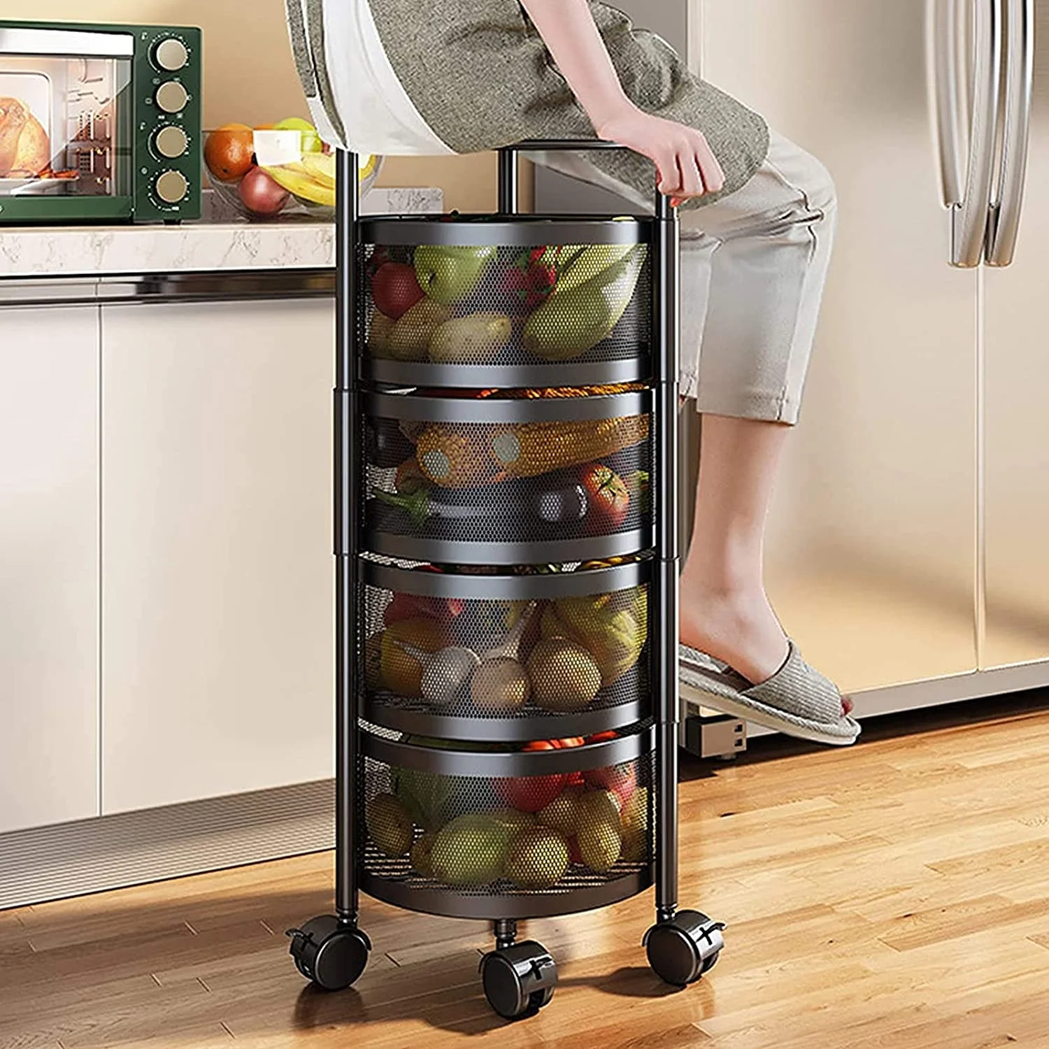 Multifunctional Metal Wire Removable Floor Standing 360 Rotating Kitchen Cabinet Vegetable Fruit Storage Basket Rack With Wheels