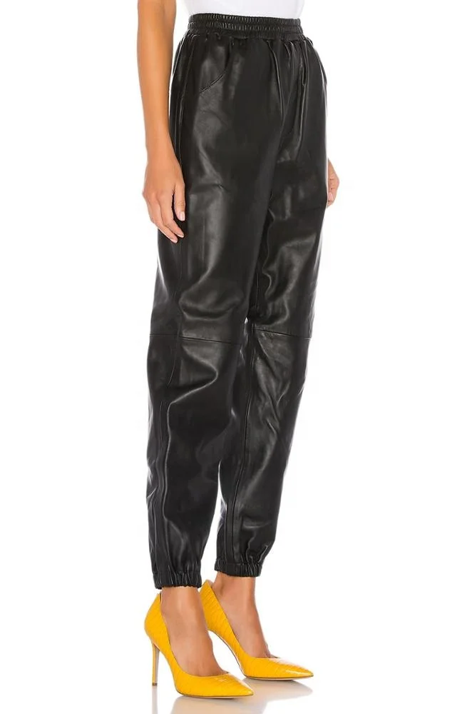 Custom made women & ladies black pu leather or genuine leather jogger pants dongguan manufacturer