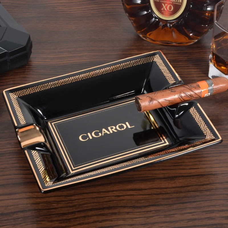 Luxury Wholesale Custom Logo Black Ceramic Ash Tray Portable Porcelain Rectangle Cigar Ashtray