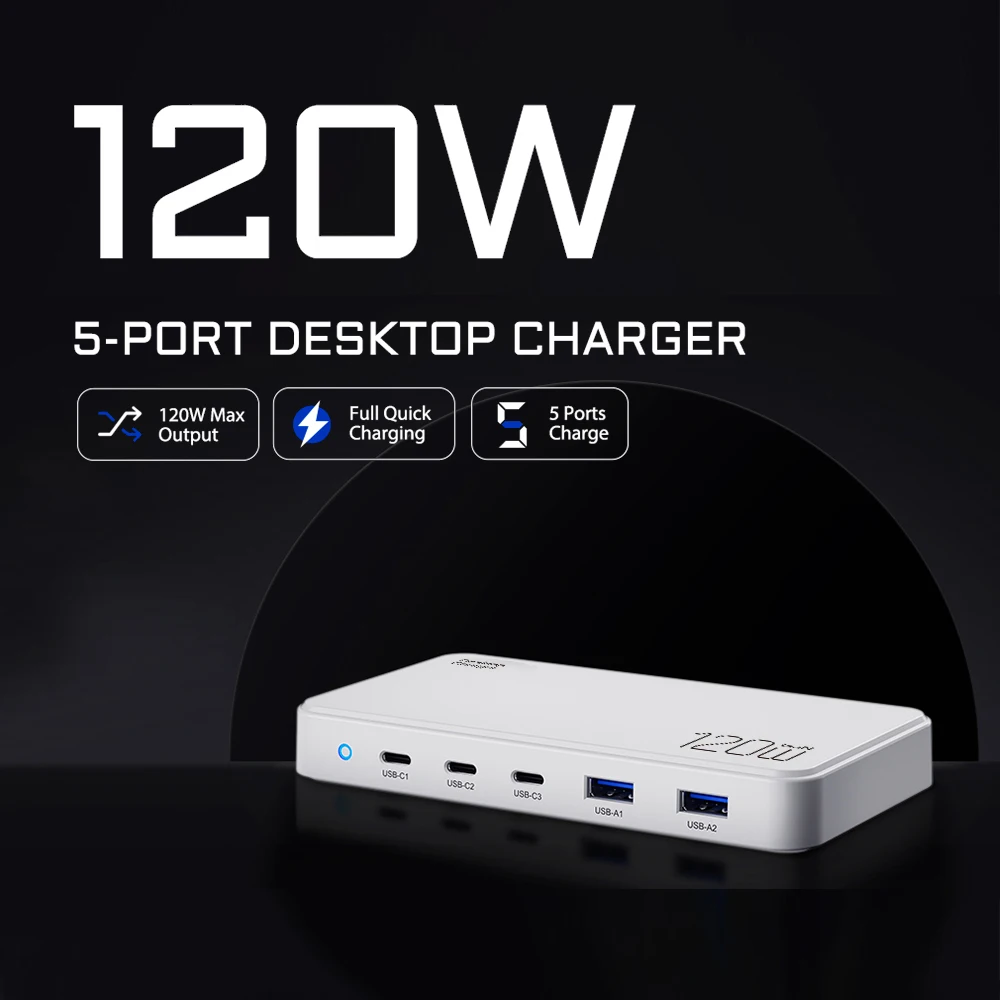 2023 Top Selling Product GaN 120W 5 Ports Fast Charging Station Single Type-C 100W Power Adapter Desktop Charger