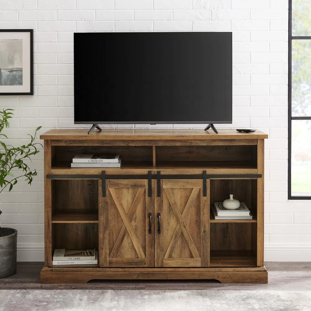 Wood TV Stand With Sliding Barn Doors & Adjustable Shelves TV Cabinet With Storage Console for Living Room