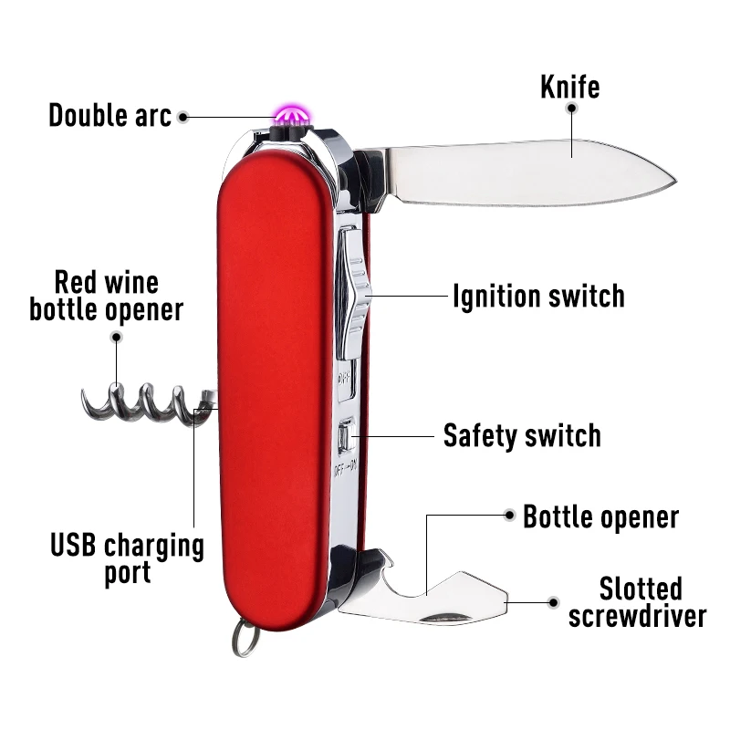 Multi-function USB Rechargeable Double Arc Lighter with Knife Opener Screwdriver Outdoor Metal Lighter