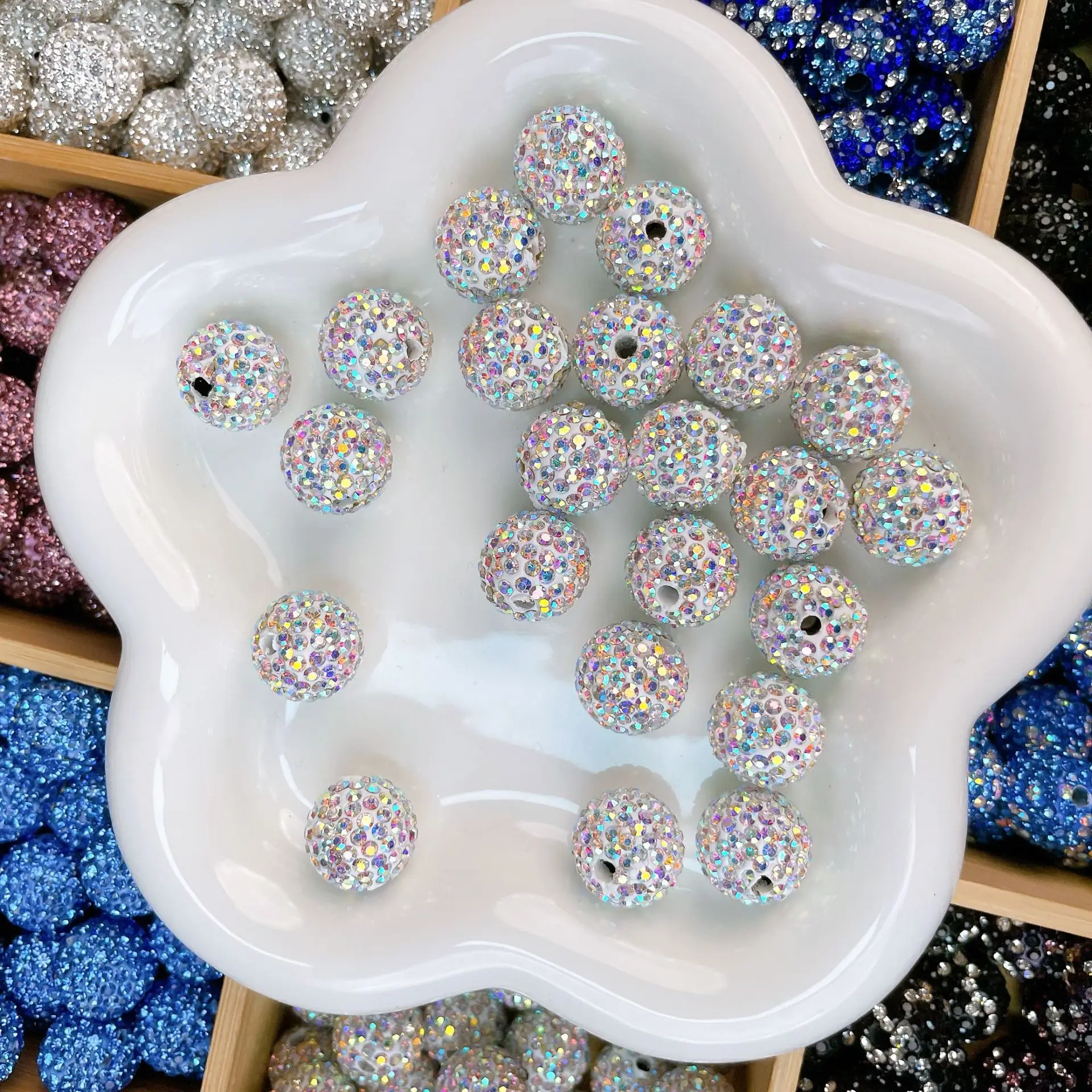 Custom Colorful 8mm 10mm Disco Ball Beads Rhinestone Clay Bling Beads Prayer Rosary Necklace