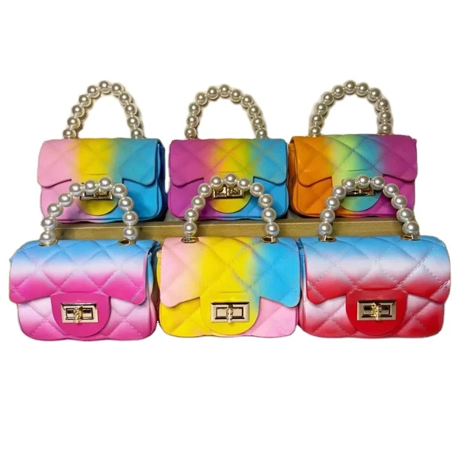 
Cute Pearl hand held jelly bag 2021 fashion Mini candy color cute chain rainbow purses for girl 
