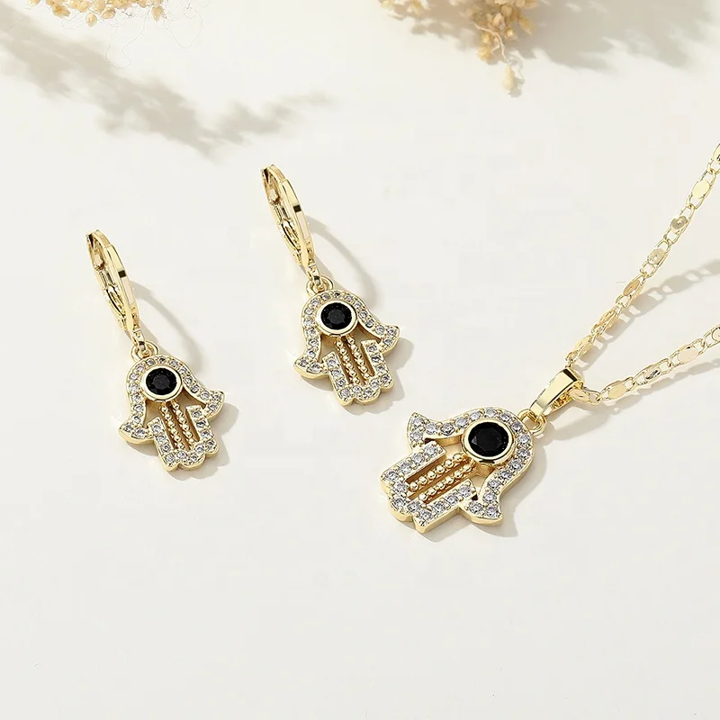 Religious Palm Jewelry Sets Turkey Sophisticated Brass 18K Gold Plated Cactus Earrings Necklace With Zircon Jewelry Set
