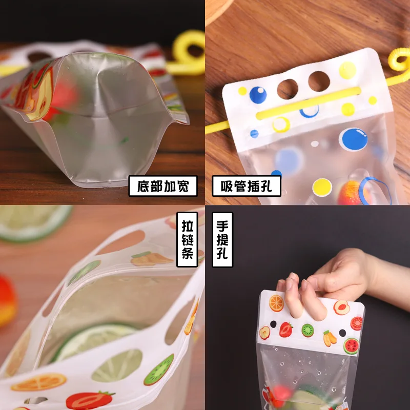 Biodegradable transparent hand-held ziplock plastic juice drink bag with straw