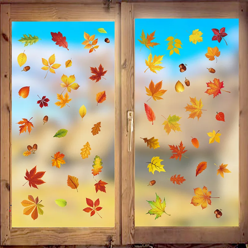 Maple Leaves Double-sided Window Stickers For Autumn Thanksgiving Harvest Party Home Window Glass Mirror Decor