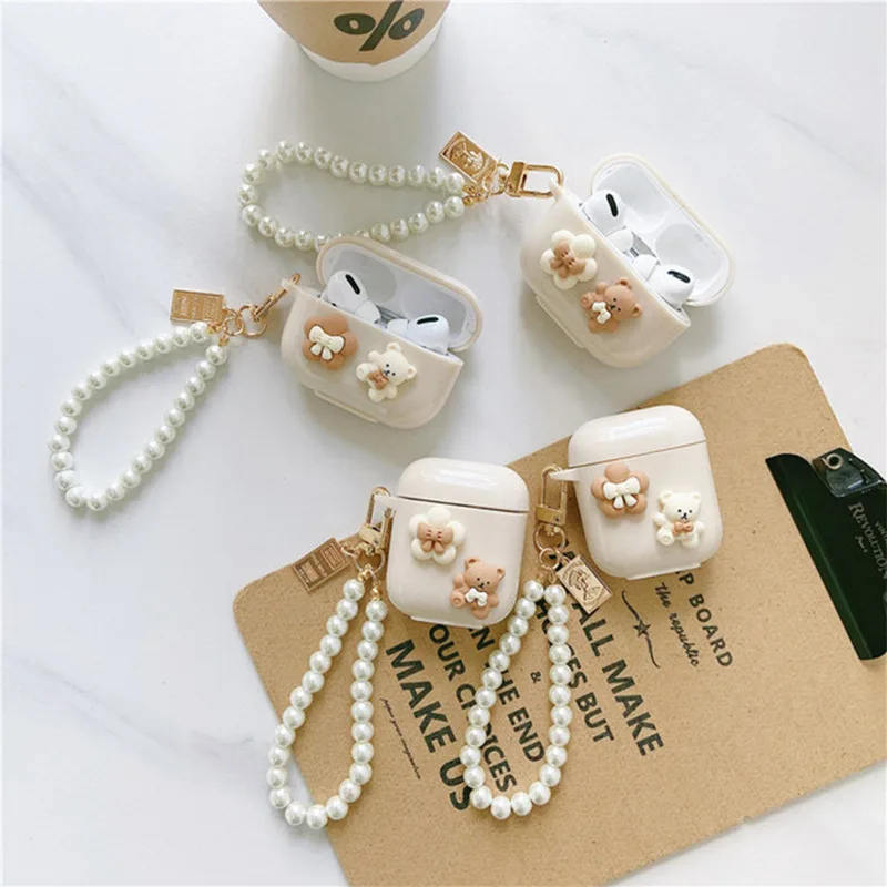 High Quality Cute 3D Bear Earphone Cases Pearl Bracket Keychain For AirPods Pro 3 2 1 Soft TPU Headset Cover For Apple