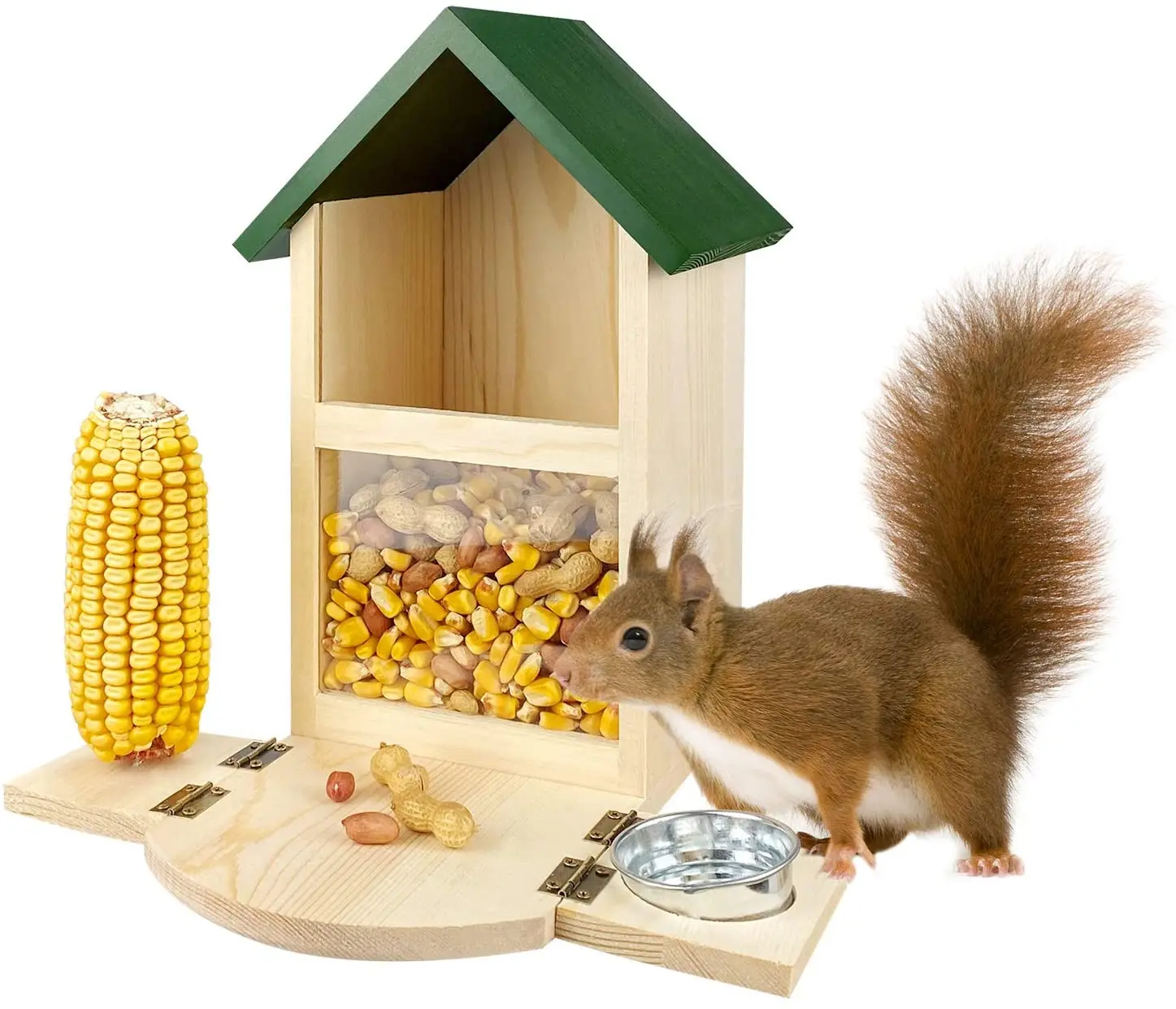 Multi-functional Solid Structure Wooden Squirrel Feeder Box / Feeding House with Cup