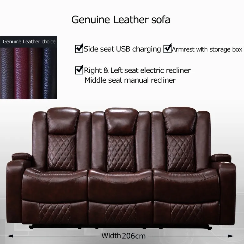 Luxury Genuine Leather Multifunctional Recliner Sofa Set with Cooling Cup Holder for Living Room