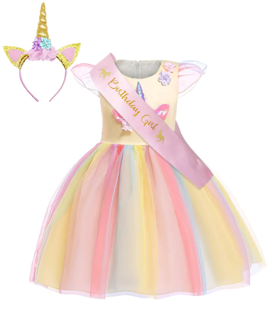 Cosplay  Chiffon Tutu Skirt Sweet Sleeveless Unicorn Girl Dress Child Skirt Christmas Dress Princess Dress with Headband