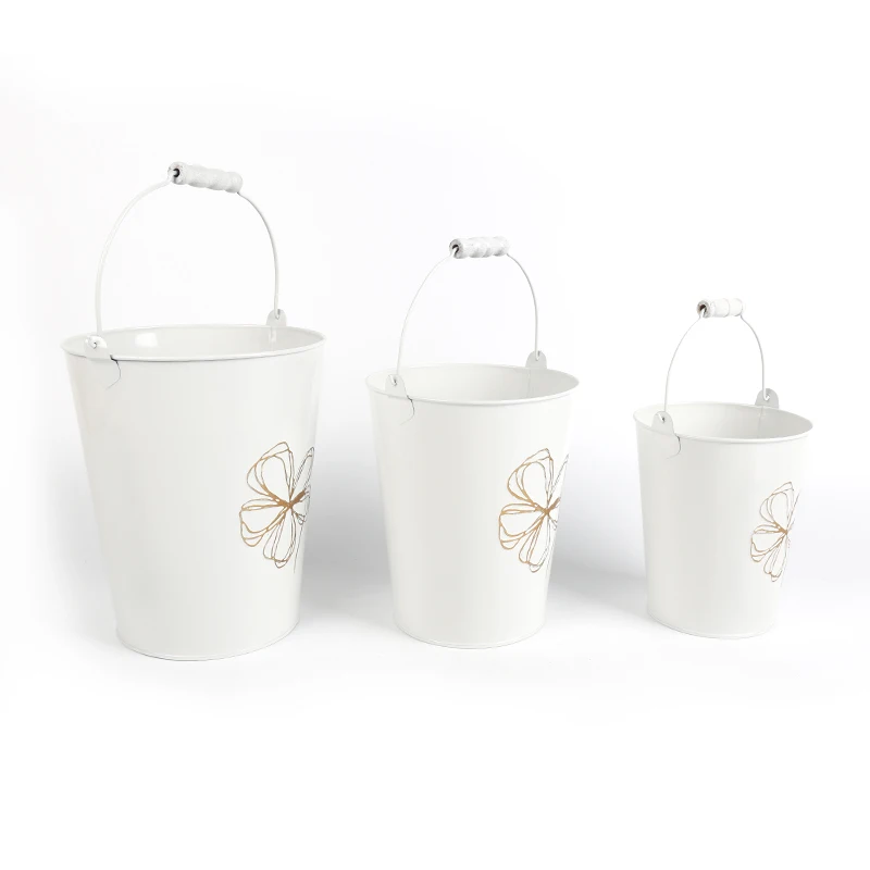 white Nordic INS style metal tin household storage tool iron bucket with wooden handle  container  packing/giftpacking