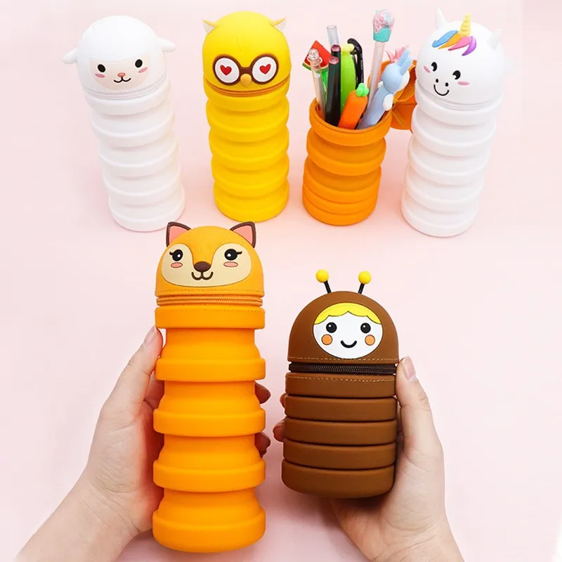 Large Capacity Novelty Cartoon Retractable Silicone Pencil Case With Zipper Stationery Storage Bag Gift Stationery