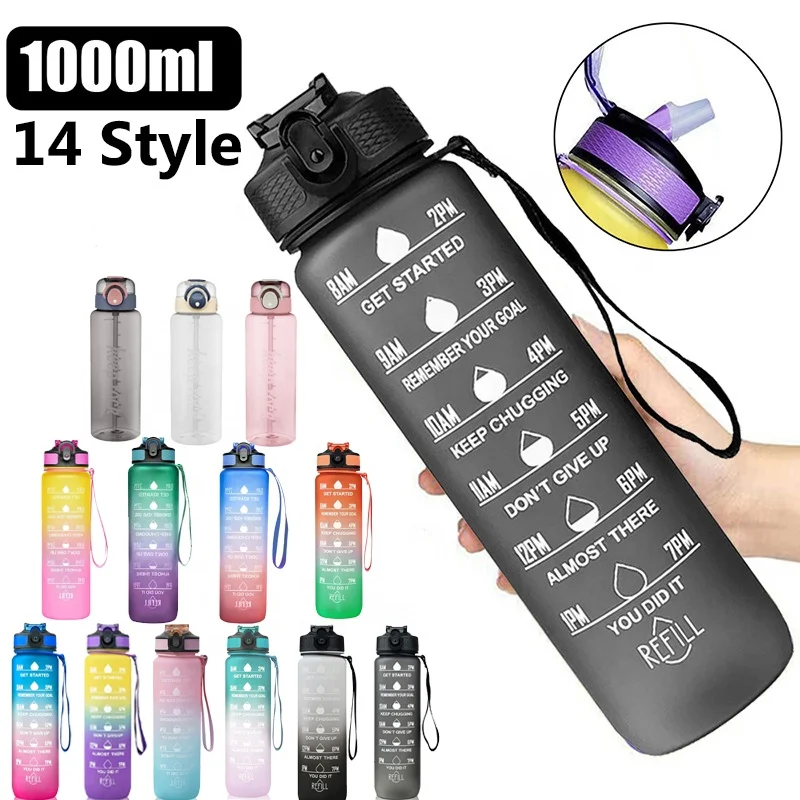 BPA Free 1L 1 Liter Plastic Large Capacity Tritan Gym Sport Motivational Water Bottle with Straw and Time Marker