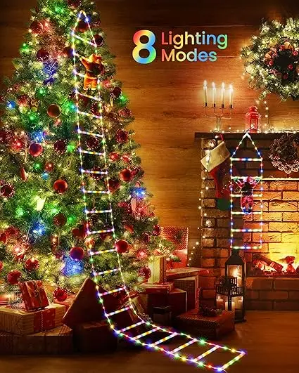 Christmas LED Ladder Lights with Climbing Santa Claus Christmas Decorations Lights for Indoor Outdoor Garden Xmas Tree Decor