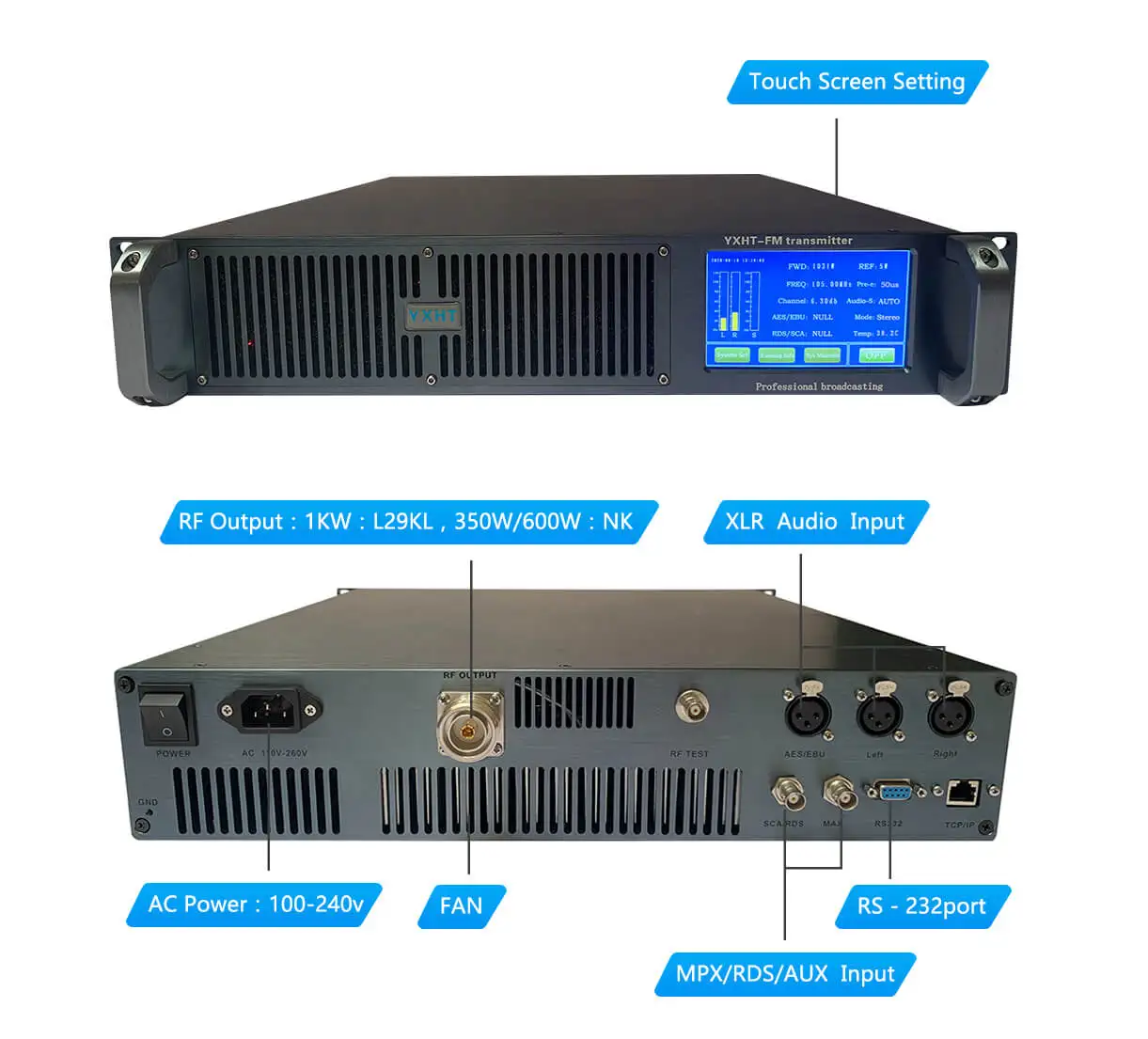 Digital 1200 watt Touch Screen YXHT-2 1.2KW FM Transmitter + 1-Bay Antenna + 30 Meters Cables with Connector 3 Equipments