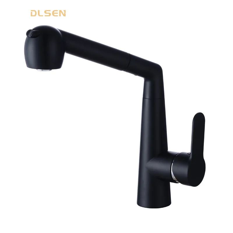 Fancy matte black sink mixer brass deck mount pull out kitchen faucet with 360 degree rotating aerator