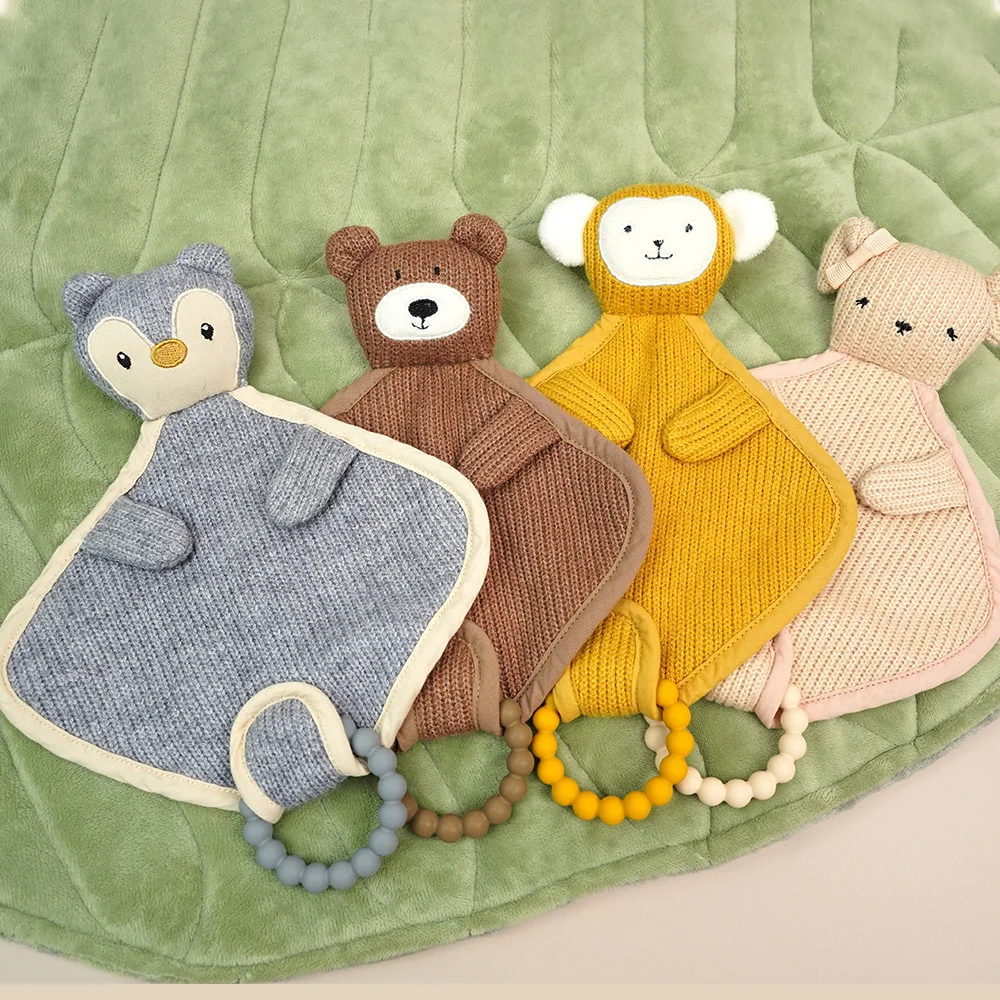Kids Bear Security Blanket Baby Soft Animal Blanket Toy With Teether Lovely Stuffed Baby Security Blanket