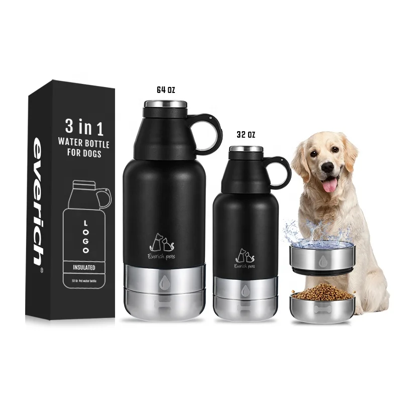 Insulated Dog Water Bottle 3 in 1 32oz 64oz Custom Double Wall Stainless Steel Portable Dog Water Bottle Pet Feeder Bowl