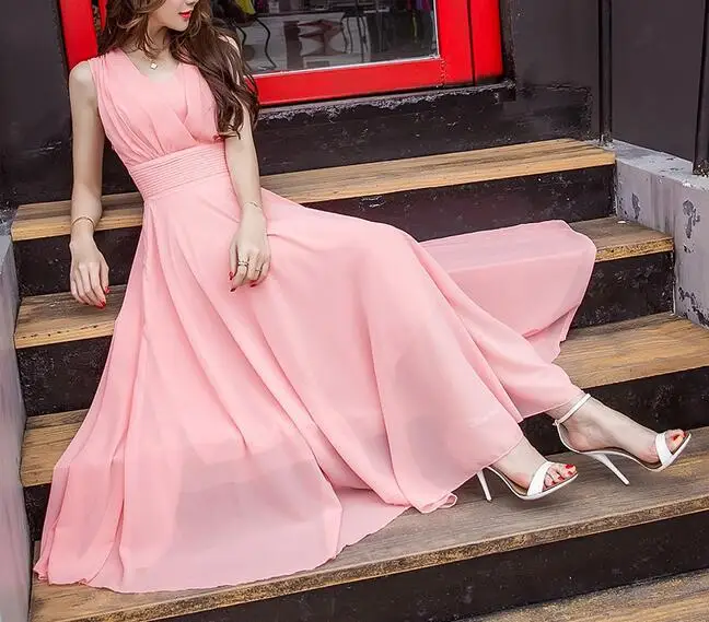 Summer new style plus size solid color beach long skirt Korean fashion bohemian white chiffon dress