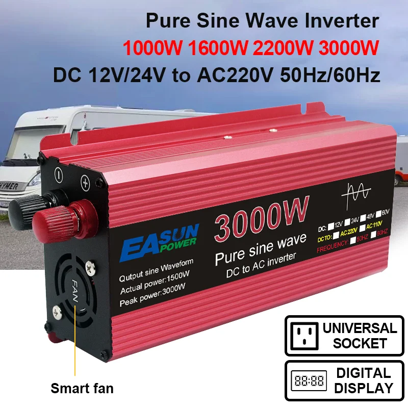 1KW 1.6KW 2.2KW 3KW inverter power inverter 12V 220V DC To AC Pure Sine Wave Solar Inverter Transformer 50hz60hz 24Volt Inversor