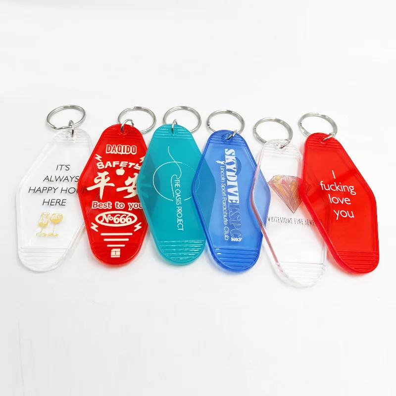 Plastic custom Acrylic Vintage Motel Keychain Key Tag Hot Stamp Hotel Keychain Blank Print Gold key ring Hotel Keychains