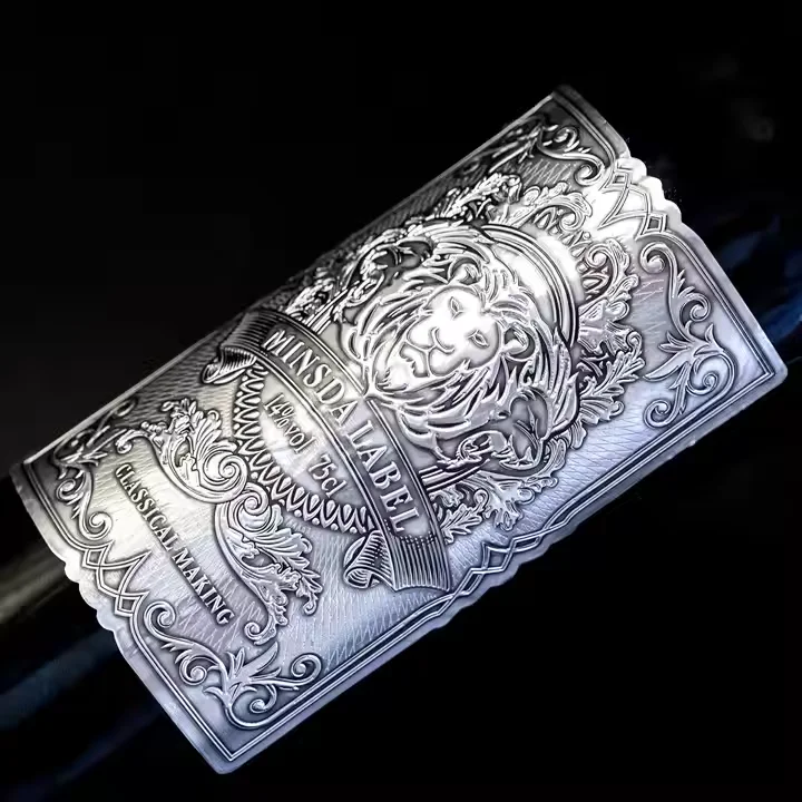 Custom Premium Silver-Embossed Glossy PVC, Metal, Aluminum, or PET Waterproof Logo Stickers for Wine Packaging Sheets.