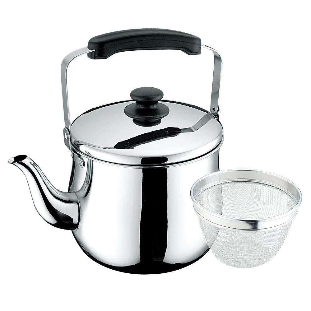 Factory wholesale teapot insulated handle silver large capacity food grade polished stainless steel kettle with filter
