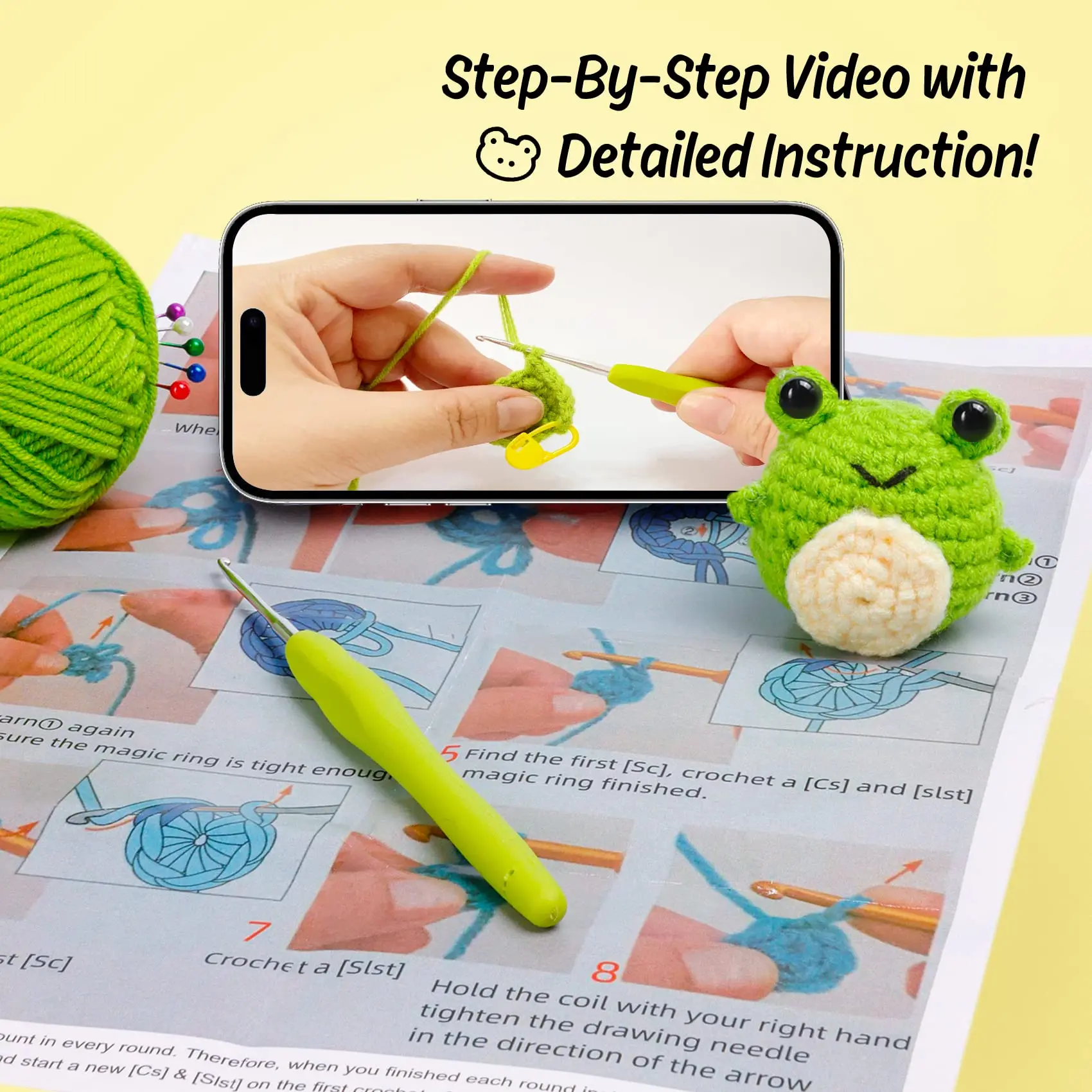 Crochet Kit for Beginners Frog Crochet Set - Step by Step Video Tutorials Soft Yarn Hook - Crochet Kit for Complete Beginners