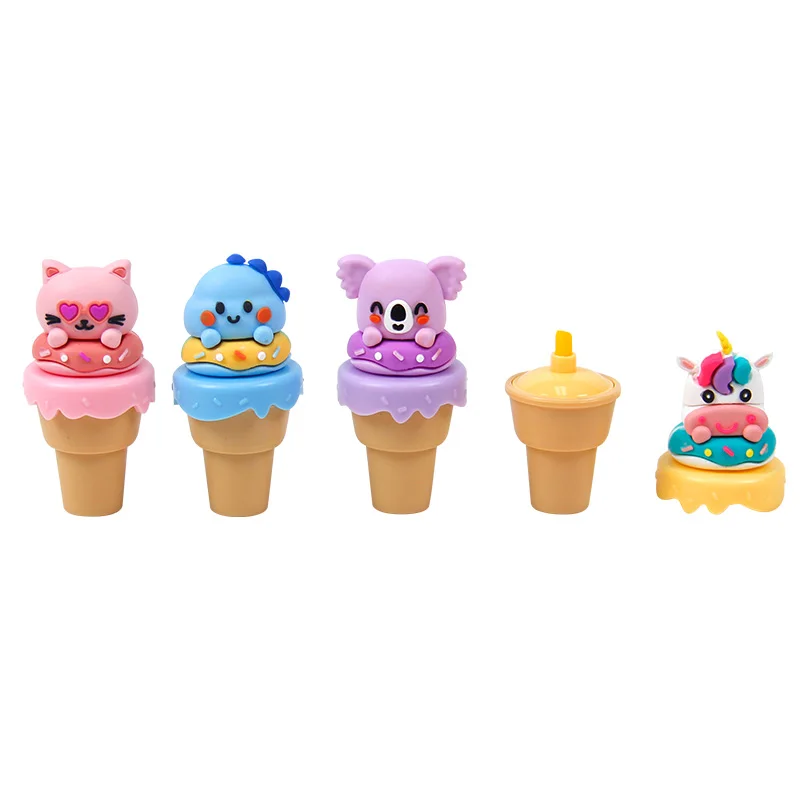 4PCS KAWAII Mini Animal Ice Cream Cone Chisel Tip Highlighters with Soft Rubber Top, Fun Kawaii Highlighter Set