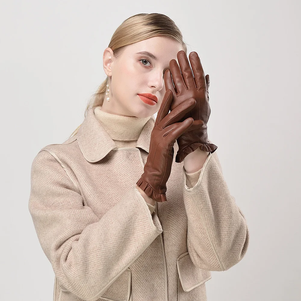 Kulanyane Frill Cuff Design Lady Winter Warm Keeping Leather Gloves Daily Wearing
